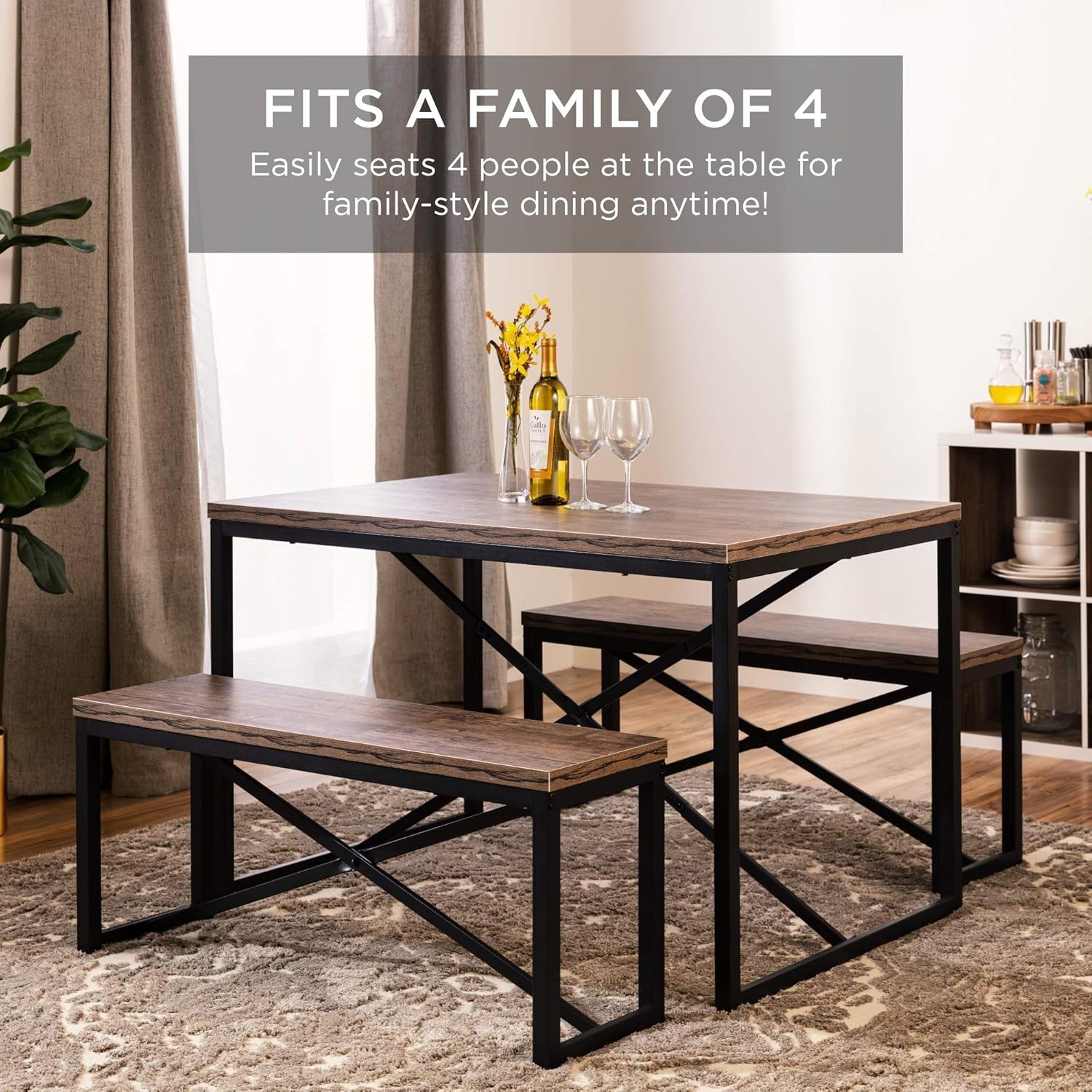 45.5In 3-Piece Bench Style Dining Furniture Set, 4-Person Space-Saving Dinette for Kitchen, Dining Room W/ 2 Benches, Table - Brown/Black