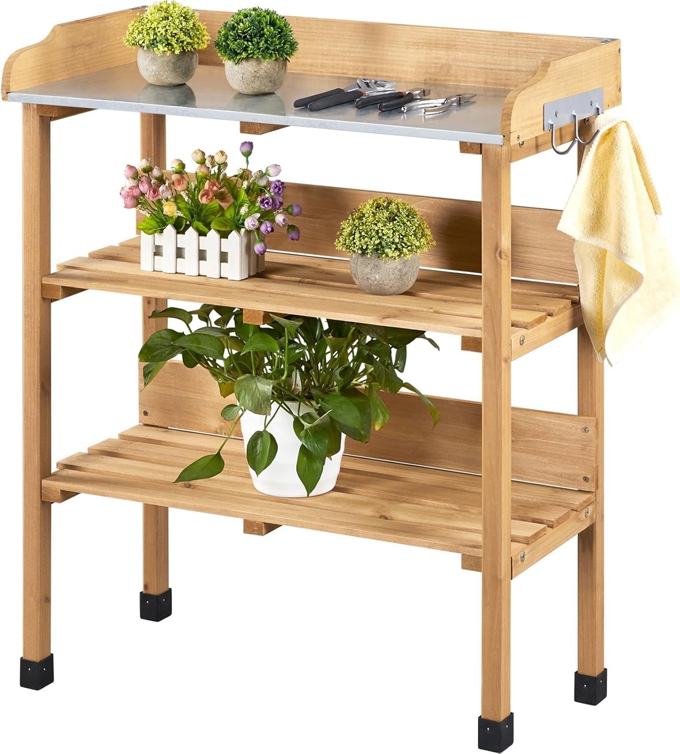 Outdoor Garden Potting Bench Table Wooden Horticulture Planting Worstation W/Metal Tabletop/Storage Shelf/3 Hooks, Natural Wood