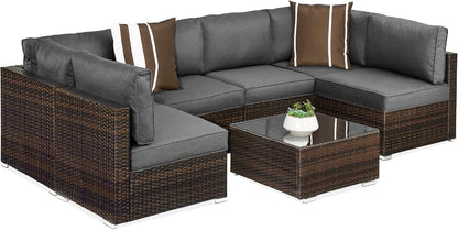 7-Piece Modular Outdoor Sectional Wicker Patio Conversation Set W/ 2 Pillows, Coffee Table, Cover Included - Gray/Navy