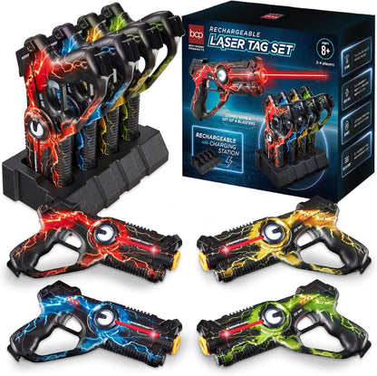 Set of 4 Laser Tag Blasters, Rechargeable Infrared Lazer Tag Set &amp; Docking Station, No Vests Needed - Red/Yellow/Blue/Green