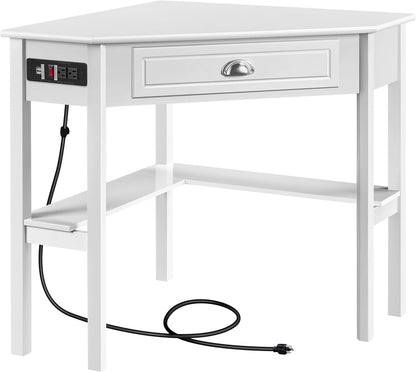 L Shaped Corner Computer Desk with Power Outlets, Reversible Triangle Workstation with USB Ports and Hook for Small Space, Modern Home Office Desk Gaming Table with Drawer &amp; Shelf, White