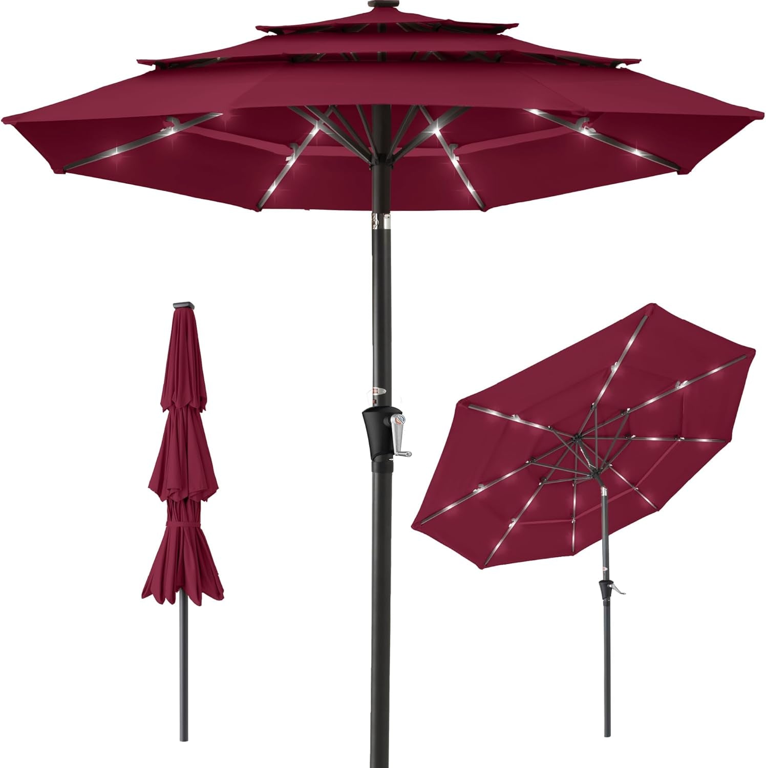 10Ft 3-Tier Solar Patio Umbrella, Outdoor Market Sun Shade for Backyard, Deck, Poolside W/ 24 LED Lights, Tilt Adjustment, Easy Crank, 8 Ribs - Tan