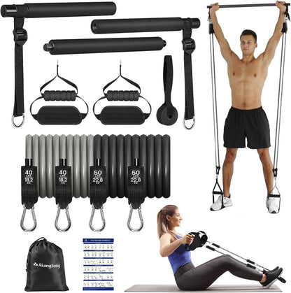 Upgraded Pilates Bar Kit with Resistance Bands Natural Latex for Women &amp; Men, Heavy-Duty Stainless Steel Multifunctional Yoga Pilates Stick for Home Gym Exercise Fitness Equipment Full-Body Workouts