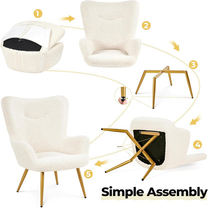 Boucle Accent Chair and Ottoman Set, Sherpa Armchair with Golden Metal Legs, High Back Reading Chair and Footstool for Living Room, Bedroom, Lounge, Ivory