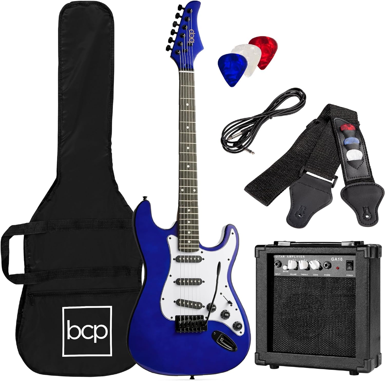 39In Full Size Beginner Electric Guitar Starter Kit W/Case, Strap, 10W Amp, Strings, Pick, Tremolo Bar - Jet Black