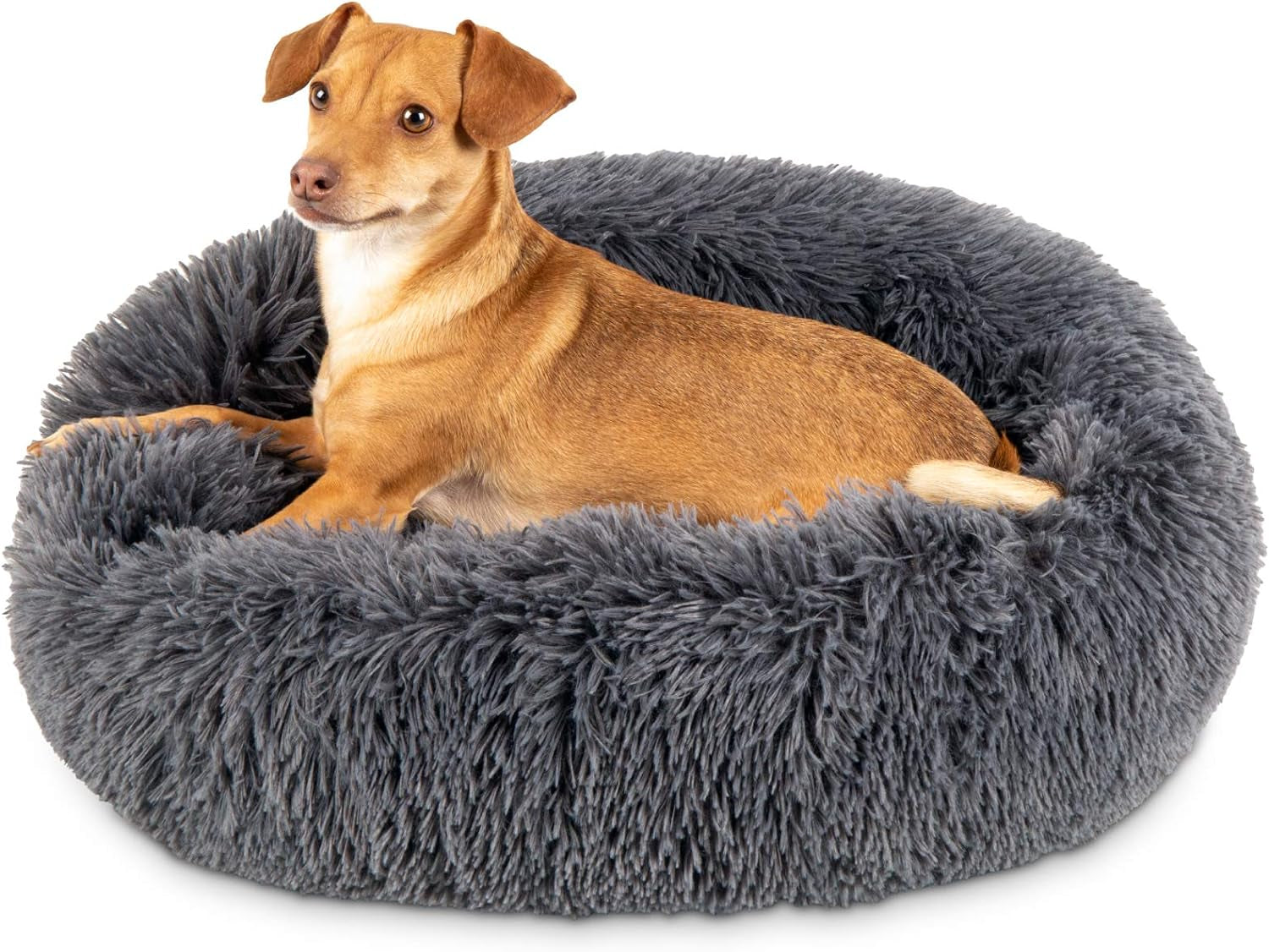 45In Dog Bed Self-Warming Plush Shag Fur Donut Calming Pet Bed Cuddler W/Water-Resistant Lining, Raised Rim - Brown