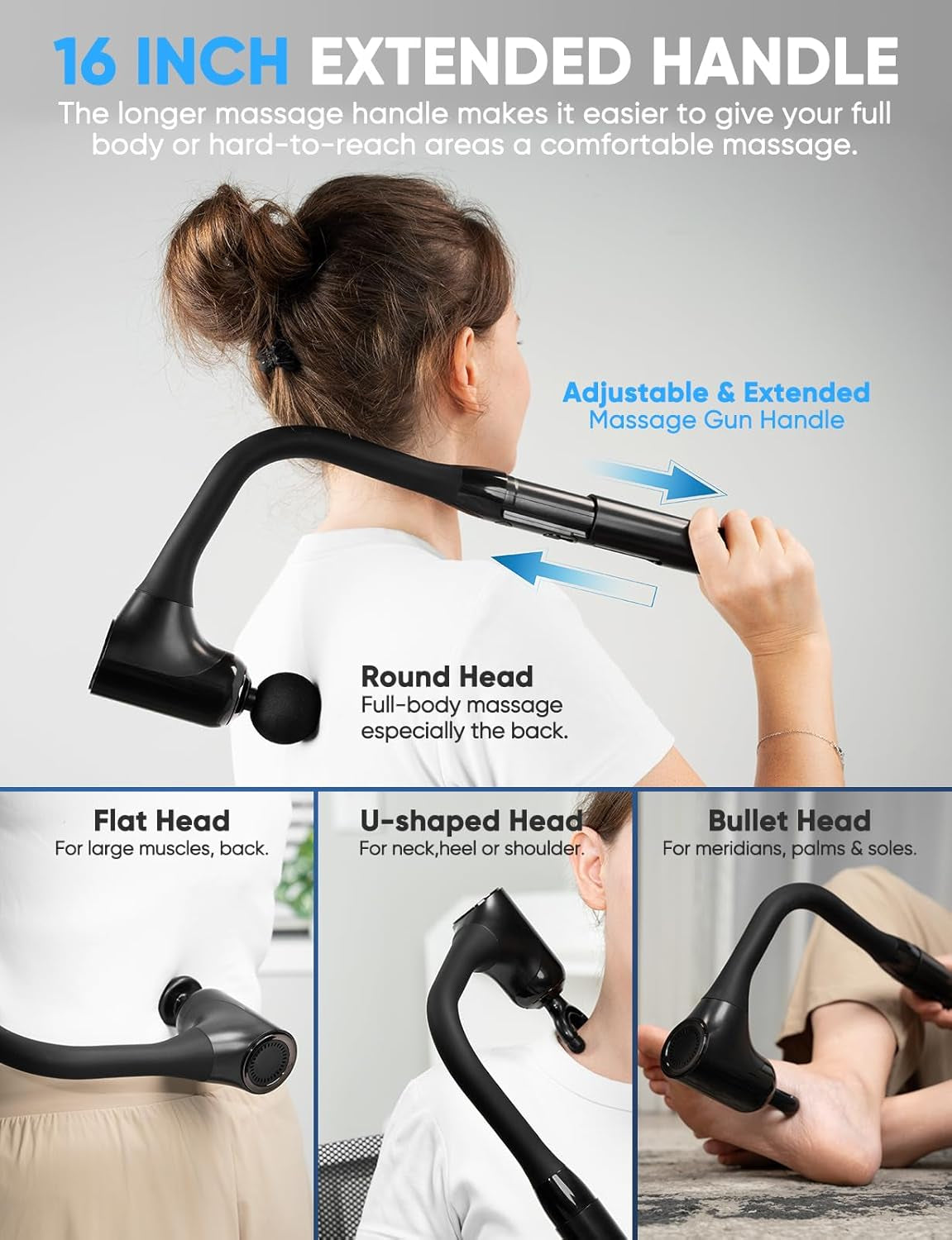 Massage Gun Deep Tissue - Back Massager for Pain Relief Deep Tissue with Extended Handle, 12MM Percussion Less-Shock Neck/Foot/Leg/Shoulder Massager, Infinitely Adjustable Speed &amp; 4 Replaceable Heads