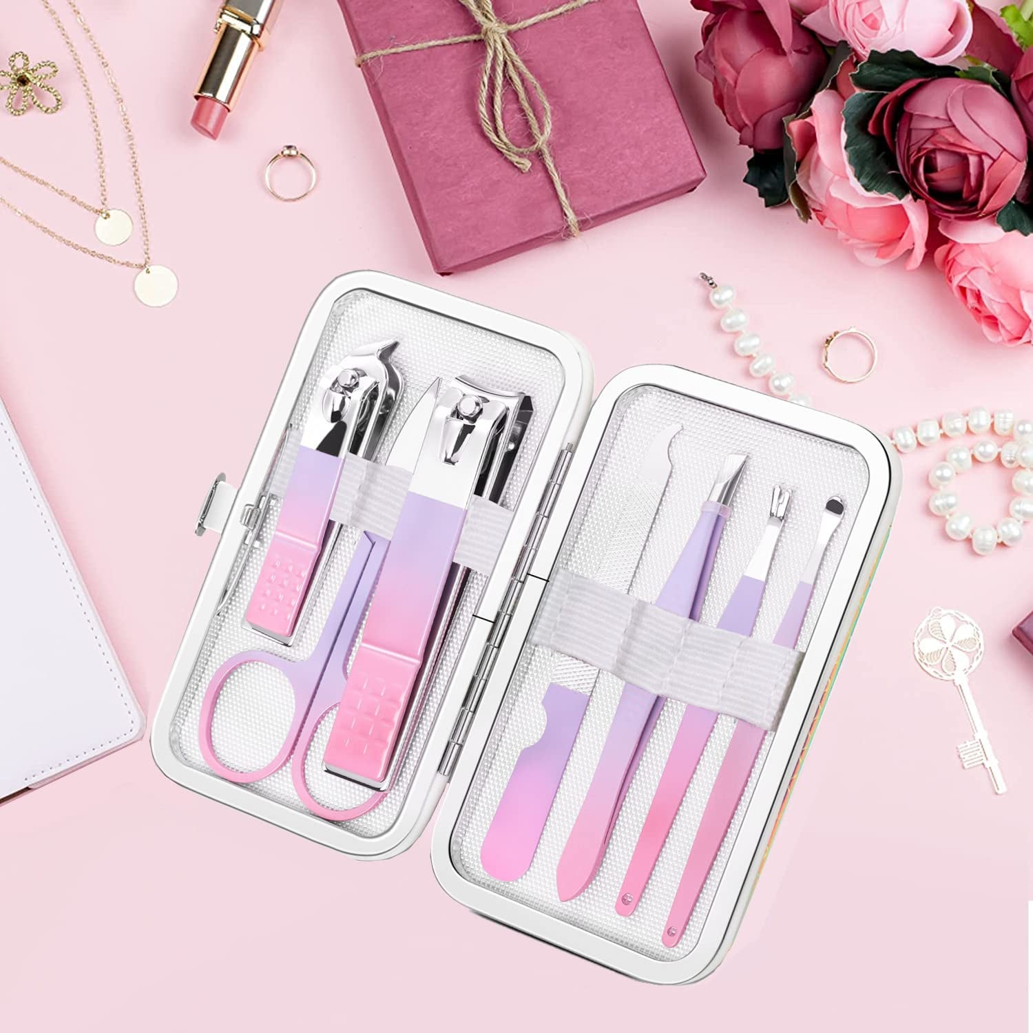 Manicure Set Women Nail Clippers Professional Manicure Pedicure Kit Stainless Steel Nail Cutters Grooming Kit Personal Care Tools with Travel Case Gift for Women Gradual Purple