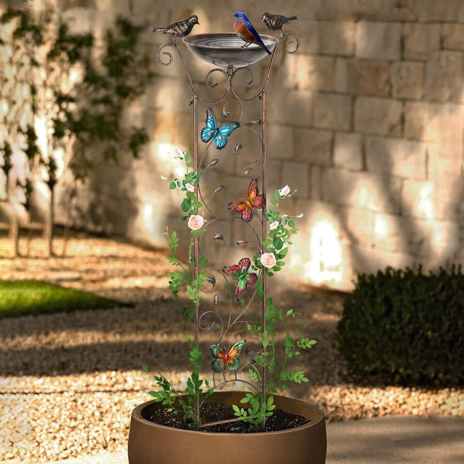 Bird Bath with Trellis Outdoor, Antique Garden Iron Trellis with Decorative Butterflies Detachable Bird Bowl Metal Potted Plants Support for Climbing Flowers