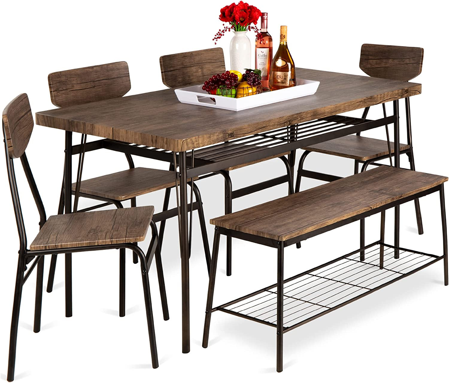 6-Piece 55In Modern Dining Set for Home, Kitchen, Dining Room W/Storage Racks, Rectangular Table, Bench, 4 Chairs, Steel Frame - Brown