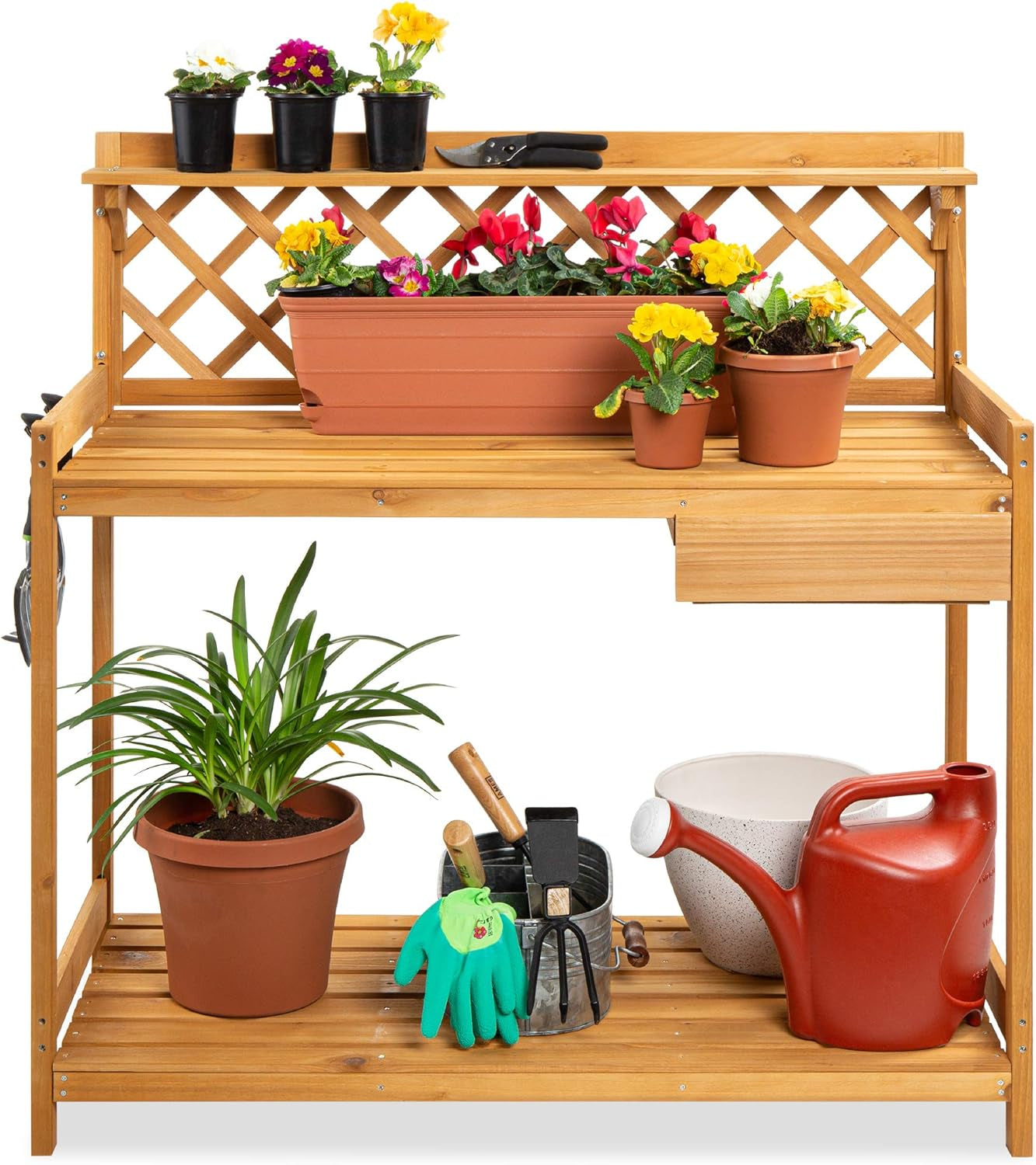 Outdoor Garden Potting Bench, Wooden Workstation Table W/Cabinet Drawer, Open Shelf, Lower Storage, Lattice Back - Natural