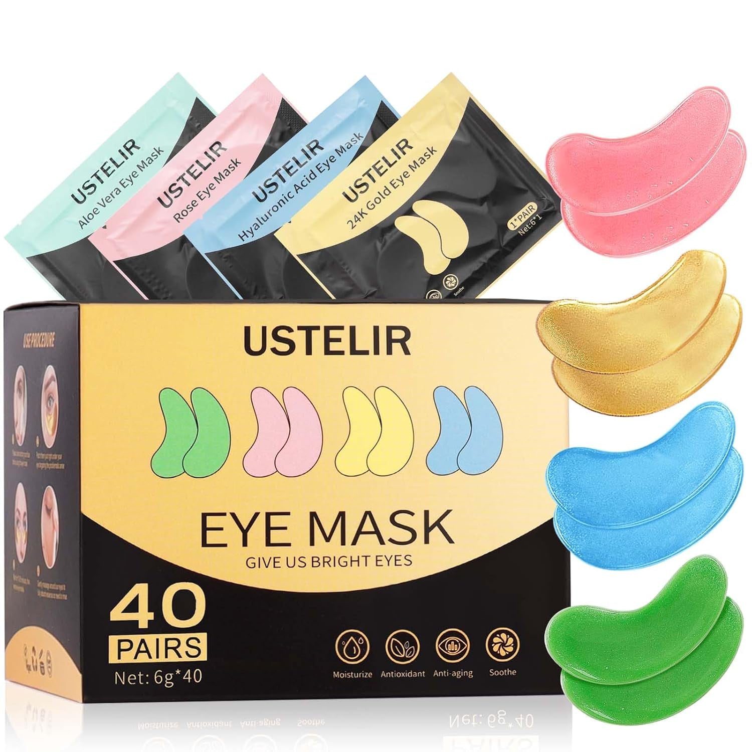 Under Eye Patches, 40 Pairs Eye Mask for Dark Circles, Puffy Eyes, Undereye Bags,Wrinkles,Eye Mask Patches with 24K Gold, Hyaluronic Acid,Rose &amp; Aloe Vera, Eye Treatment Skin Care for Men &amp; Women Gift