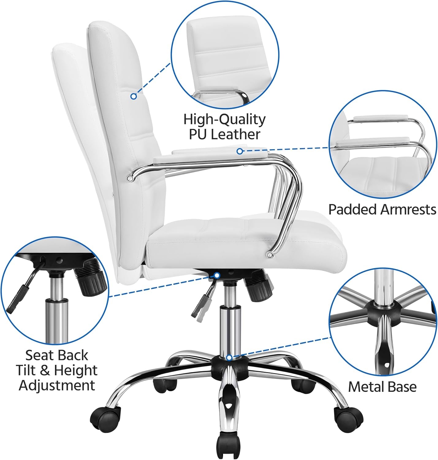 Office Desk Chair Mid-Back Leather Computer Chair Height Adjustable Ergonomic Executive Chair W/Lumbar Support Comfy Thick Padded Armrests and Seat, White