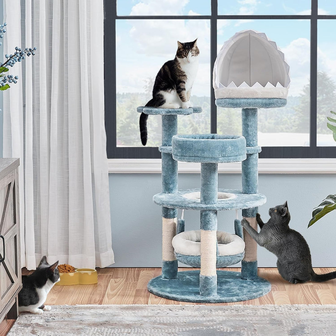 45.5In Ocean-Themed Cat Tree Multi-Level Cat Tower, Plush Cat Furniture with Shark&