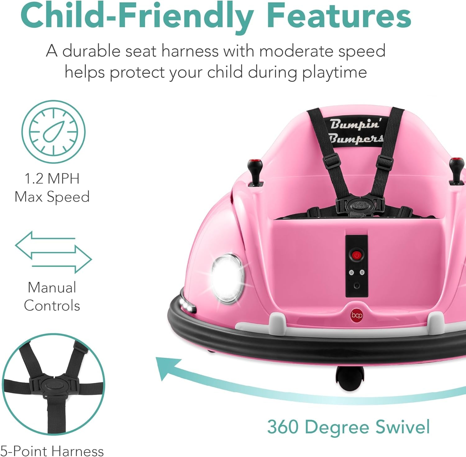 6V Electric Kids Ride on Bumpin Bumper Car, 1.5 - 6 Years Old, Parent Remote Control, 360 Degree Spin, Lights, Sounds - Pink