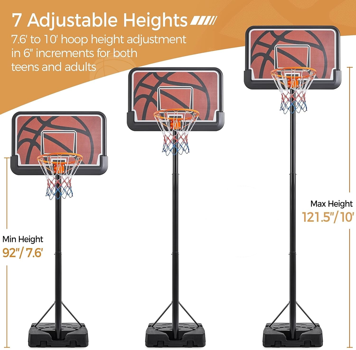 Basketball Hoop Outdoor Basketball Goal 9.6-12Ft Height Adjustable Portable Basketball Hoops with 44 Inch Backboard and 2 Wheels Black/Orange