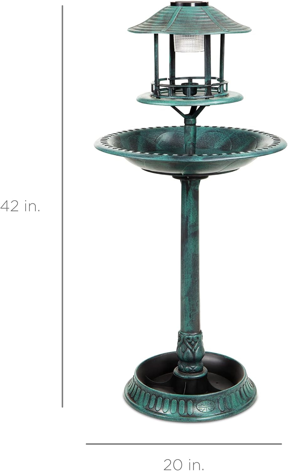 Solar Outdoor Bird Bath Vintage Resin Pedestal Fountain Decoration for Yard, Garden W/Planter Base, Feeder, Decorative Bird Cage, Fillable Stand - Green