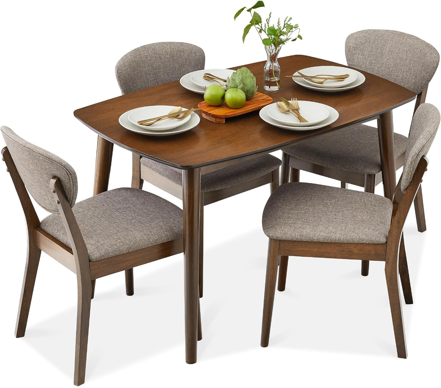 5-Piece Dining Set, Compact Mid-Century Modern Table &amp; Chair Set for Home, Apartment W/ 4 Chairs, Padded Seats &amp; Backrests, Wooden Frame - Walnut/Cream