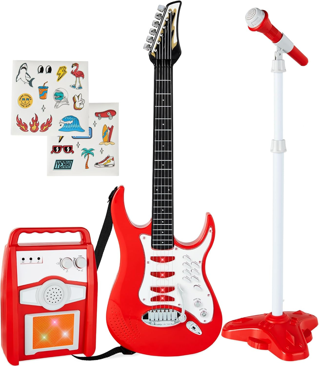 Kids Electric Musical Guitar Play Set, Toy Guitar Starter Kit Bundle W/ 6 Demo Songs, Whammy Bar, Microphone, Amp, AUX, 2 Sticker Sheets - Pink