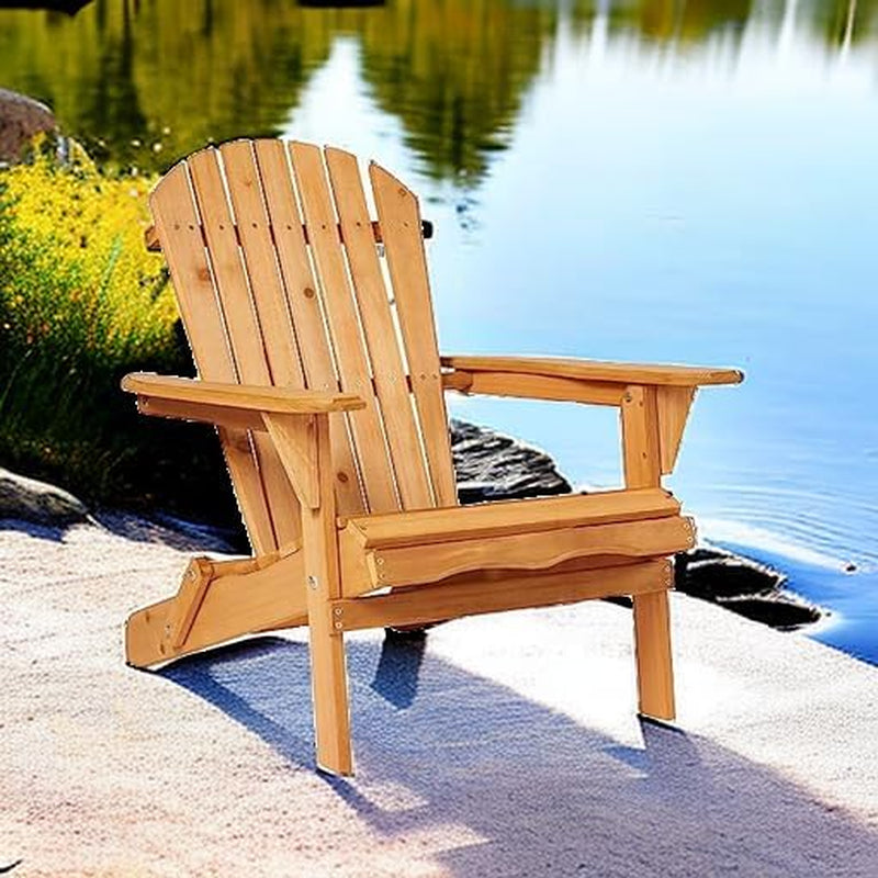 Folding Adirondack Chair Outdoor Wooden Accent Furniture Fire Pit Lounge Chairs for Yard, Garden, Patio W/ 350Lb Weight Capacity - Natural