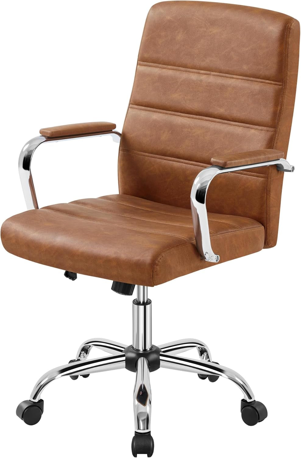 Office Desk Chair Mid-Back Leather Computer Chair Height Adjustable Ergonomic Executive Chair W/Lumbar Support Comfy Thick Padded Armrests and Seat, White