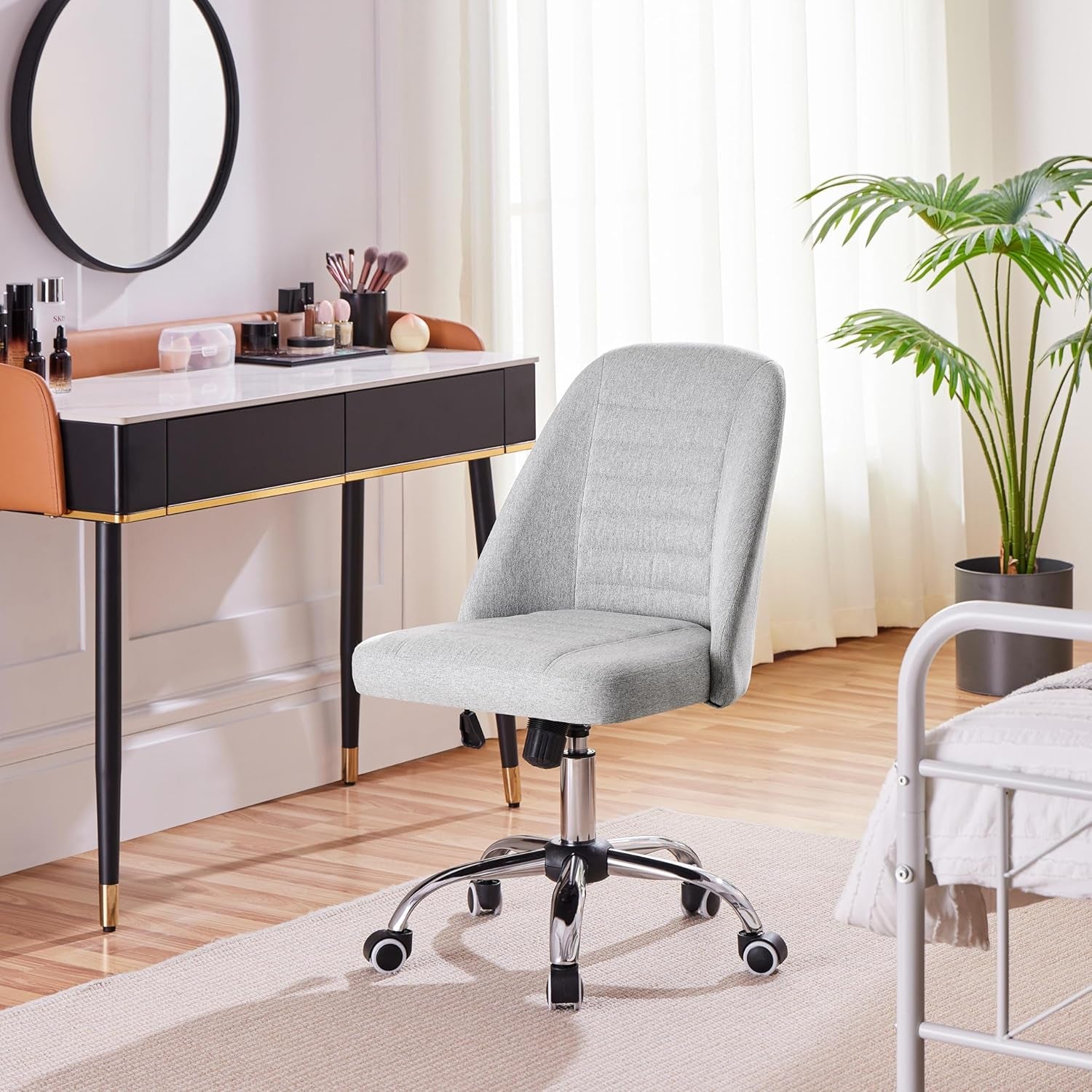 Home Office Desk Chairs, Modern Armless Vanity Chair, Mid Back Desk Chair, Linen Fabric Computer Task Chair with Rolling Wheels, Metal Base