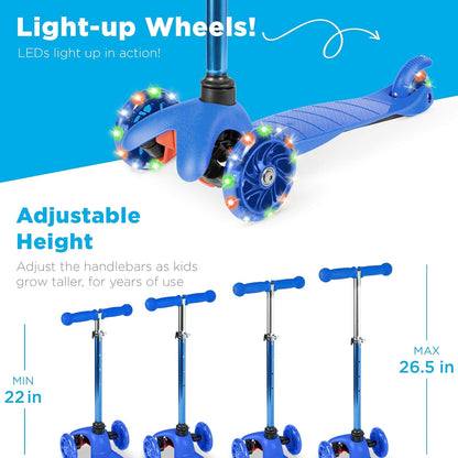 Kids Mini Kick Scooter Toy W/ Light-Up Wheels, Height Adjustable T-Bar, Foot Break - Blue