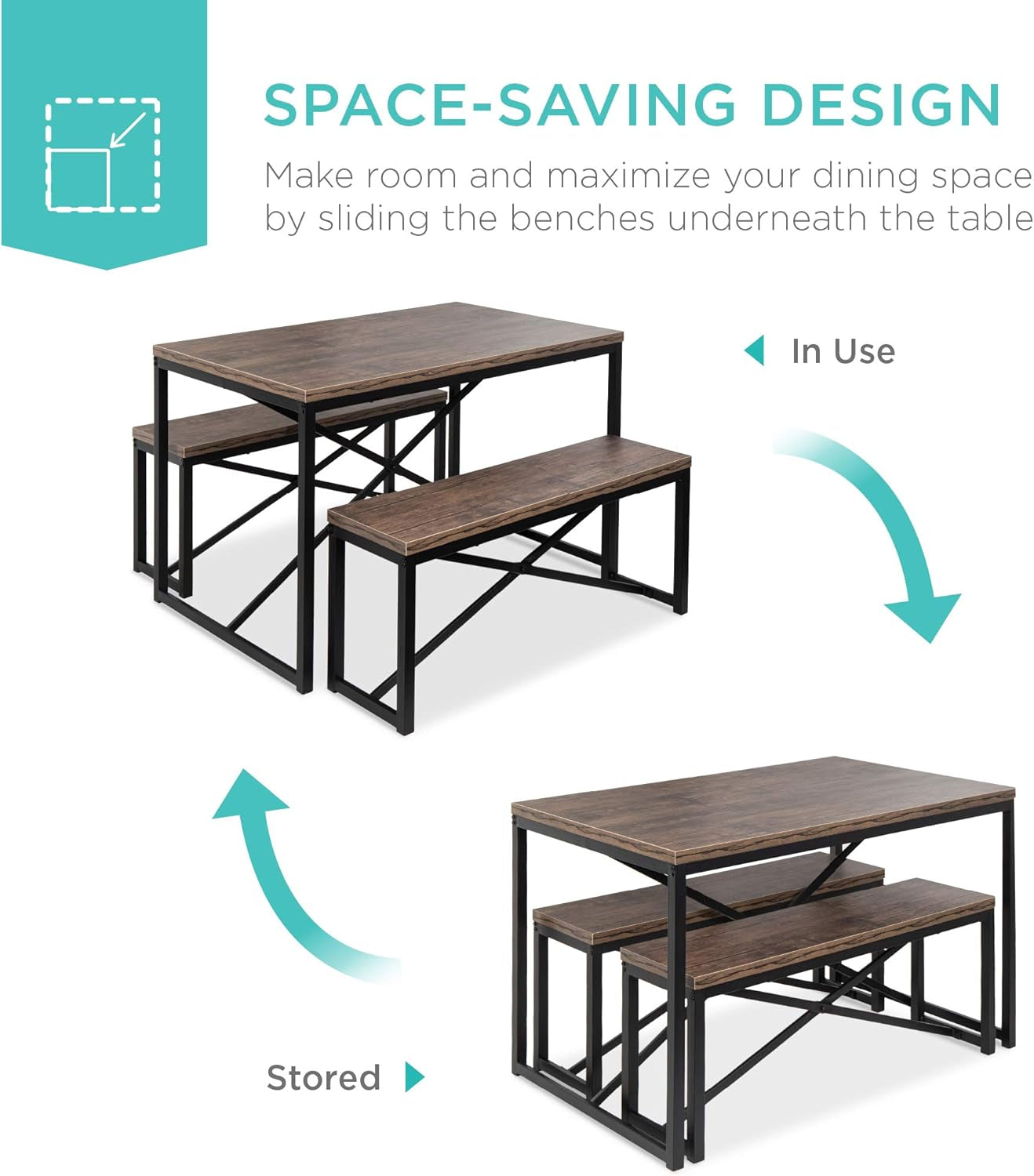 45.5In 3-Piece Bench Style Dining Furniture Set, 4-Person Space-Saving Dinette for Kitchen, Dining Room W/ 2 Benches, Table - Brown/Black