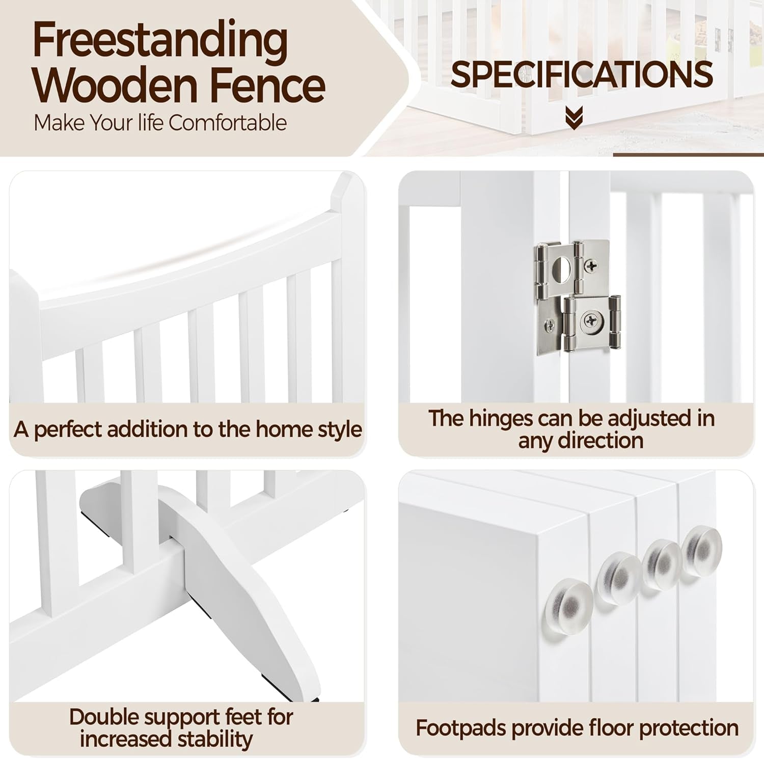 36&quot; H Extra Tall Freestanding Pet Gate 4-Panel Wooden Dog Fence with 2 Support Feet Folding Dog Gate for Indoor, Stairs, Doorways, Halls, Kitchen Wooden Pet Barrier White, 79.5&quot; L X 36&quot; H