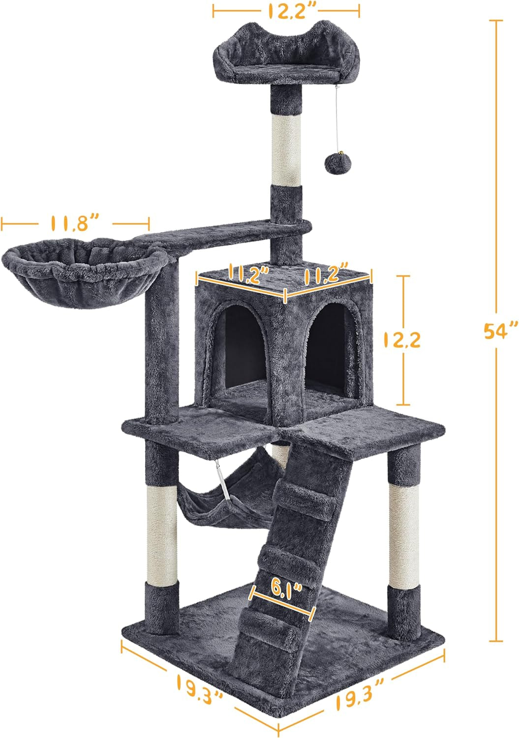 Cat Tree, 54In Tall Cat Tower for Indoor Cats, Multi-Level Cat Furniture with Extended Platform &amp; Basket, Spacious Cat Condo, Funny Hammock, Scratching Posts and Ladder for Kittens