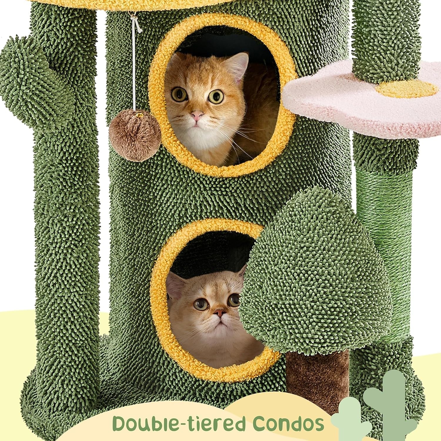 Cactus Cat Tree for Indoor Cats, 48.5In Cat Tower with 2 Large Platform, 2 Tiered Condo, Scratching Posts &amp; Dangling Balls, Oasis-Themed Cat Activity Center