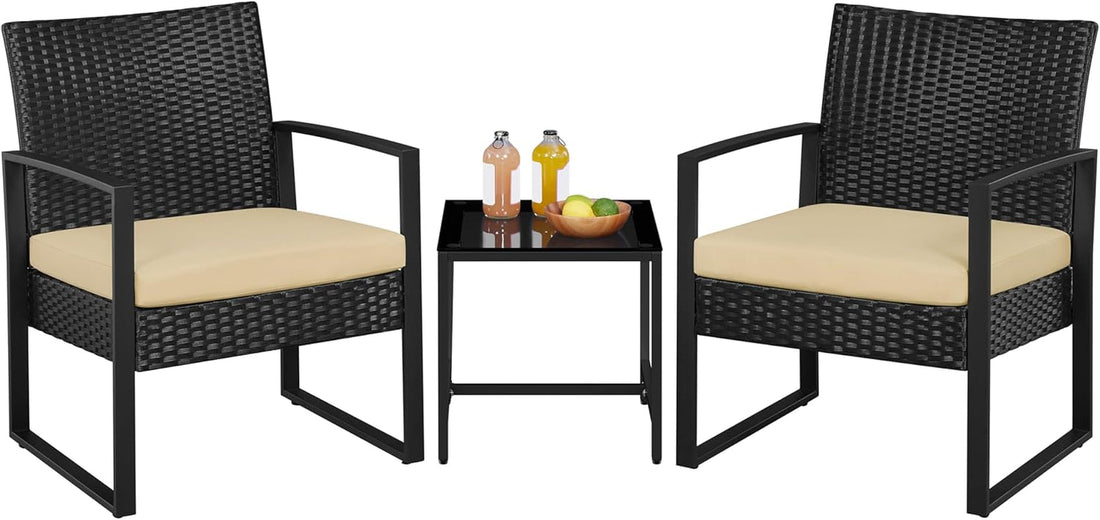 3 Pieces Rattan Bistro Set, Indoor/Outdoor Wicker Patio Modern Conversation Furniture, 2 Chairs &amp; Tempered Glass Coffee Table for Garden, Balcony, Backyard, Poolside, Black/Khaki