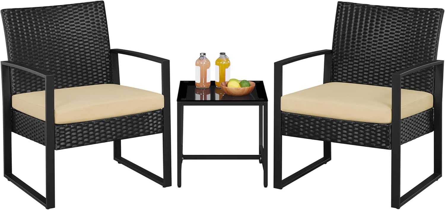 3 Pieces Rattan Bistro Set, Indoor/Outdoor Wicker Patio Modern Conversation Furniture, 2 Chairs &amp; Tempered Glass Coffee Table for Garden, Balcony, Backyard, Poolside, Black/Khaki