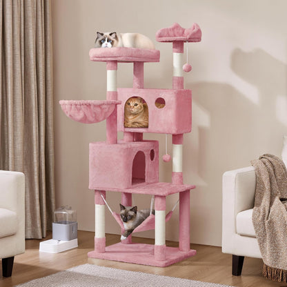 Multi-Level Cat Tree, Large Cat Tower with Condos Platform 64In, Cat House Cat Tree for Medium Cats Pink