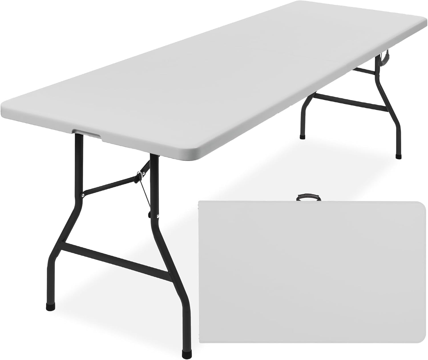 8Ft Plastic Folding Table, Indoor Outdoor Heavy Duty Portable W/Handle, Lock for Picnic, Party, Pong, Camping - White