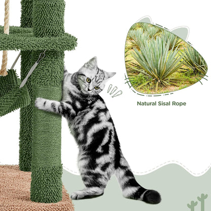 Cactus Cat Tree for Indoor Cats, 62In Cat Tower with Scratching Posts &amp; Hammock &amp; Dangling Ball, Large Cat Condo Multi-Level Activity Center, Cat Furniture