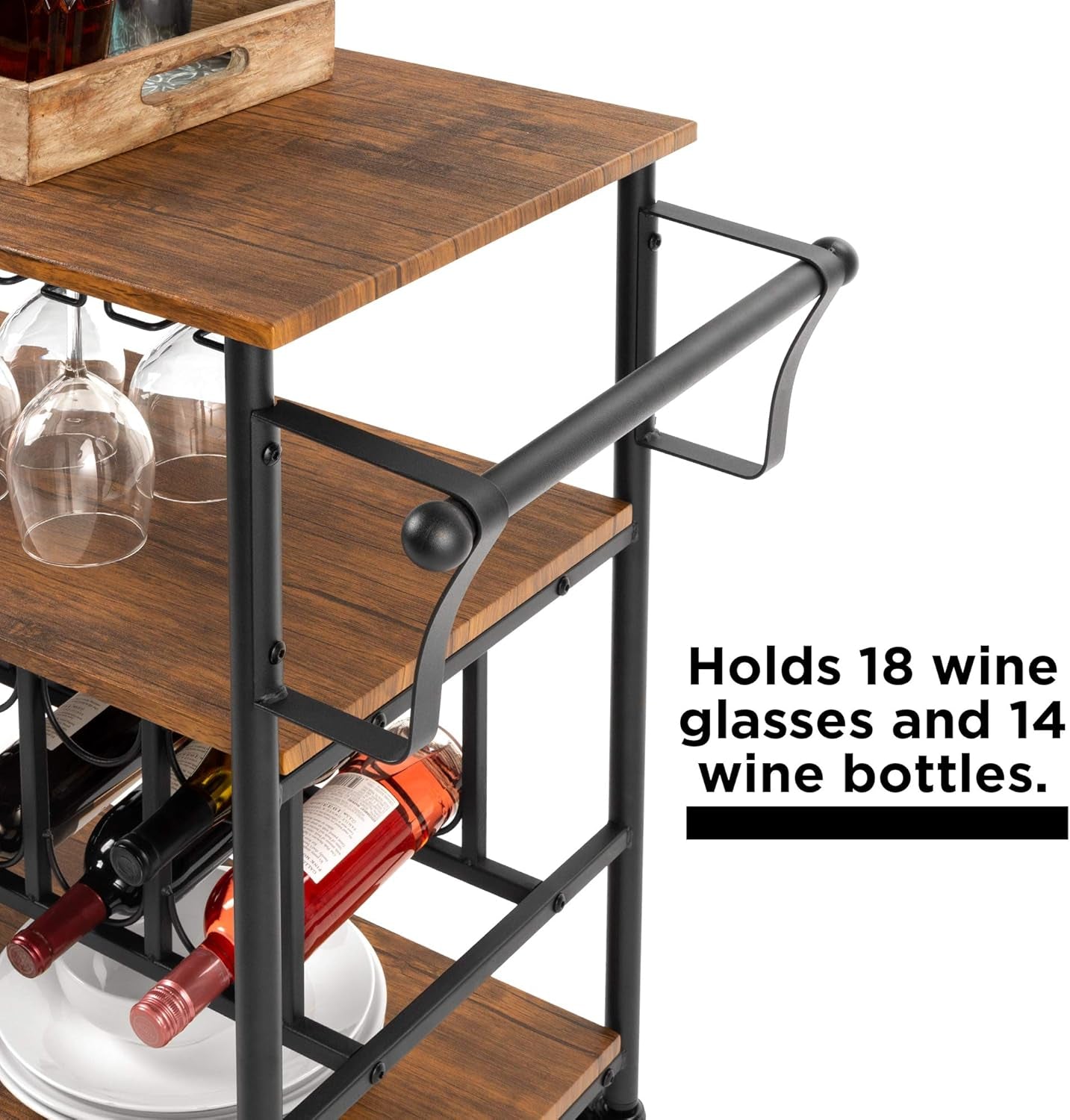 45In Industrial Wood Shelf Bar &amp; Wine Storage Service Cart Trolley W/ 14 Bottle &amp; 18 Glass Racks, Locking Caster Wheels