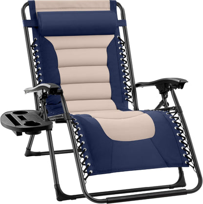 Oversized Padded Zero Gravity Chair, Folding Outdoor Patio Recliner, XL anti Gravity Lounger for Backyard W/Headrest, Cup Holder, Side Tray, Polyester Mesh - Black/Gray