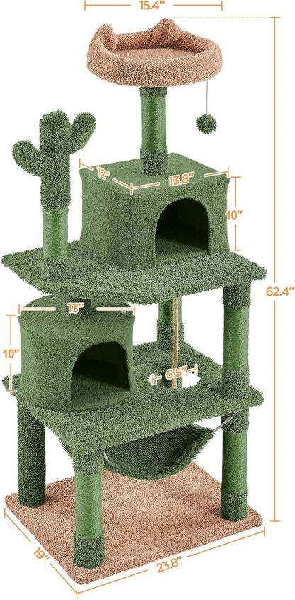 Cactus Cat Tree for Indoor Cats, 62In Cat Tower with Scratching Posts &amp; Hammock &amp; Dangling Ball, Large Cat Condo Multi-Level Activity Center, Cat Furniture