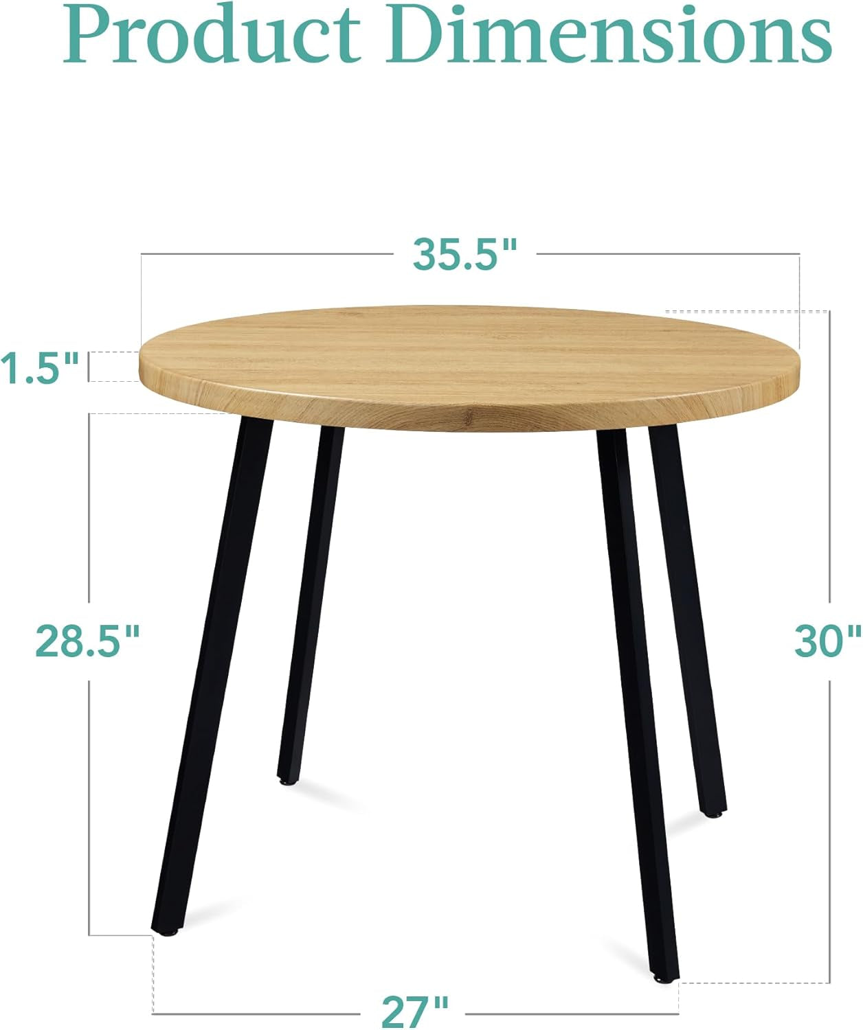 round Mid-Century Modern 35.5In Dining Table, Space-Saving Dinette for Home, Kitchen, Apartment W/Steel Legs - Natural