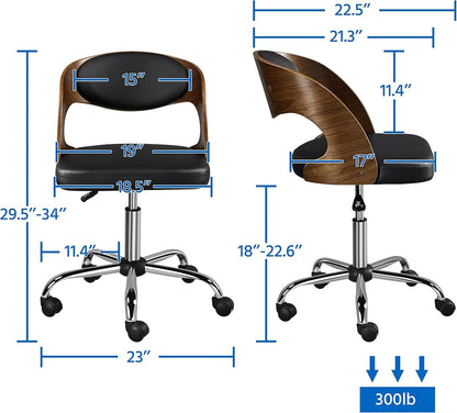 Adjustable Office Chair Armless Desk Chair Walnut Wood Finish Computer Chair Bent Wooden Desk Chair Height Adjustable Swivel Draft Chair with Leather Seat, Black