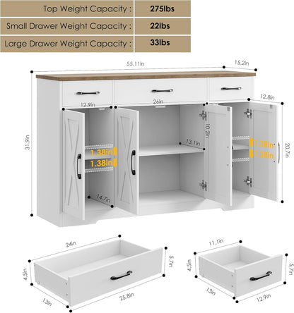 Buffet Cabinet with Drawers, 55&quot; Large Sideboard Buffet Storage Cabinet with Shelves and Doors, Modern Farmhouse Coffee Bar Cabinet Wood Buffet Table for Kitchen, Dining Room, White/Rustic