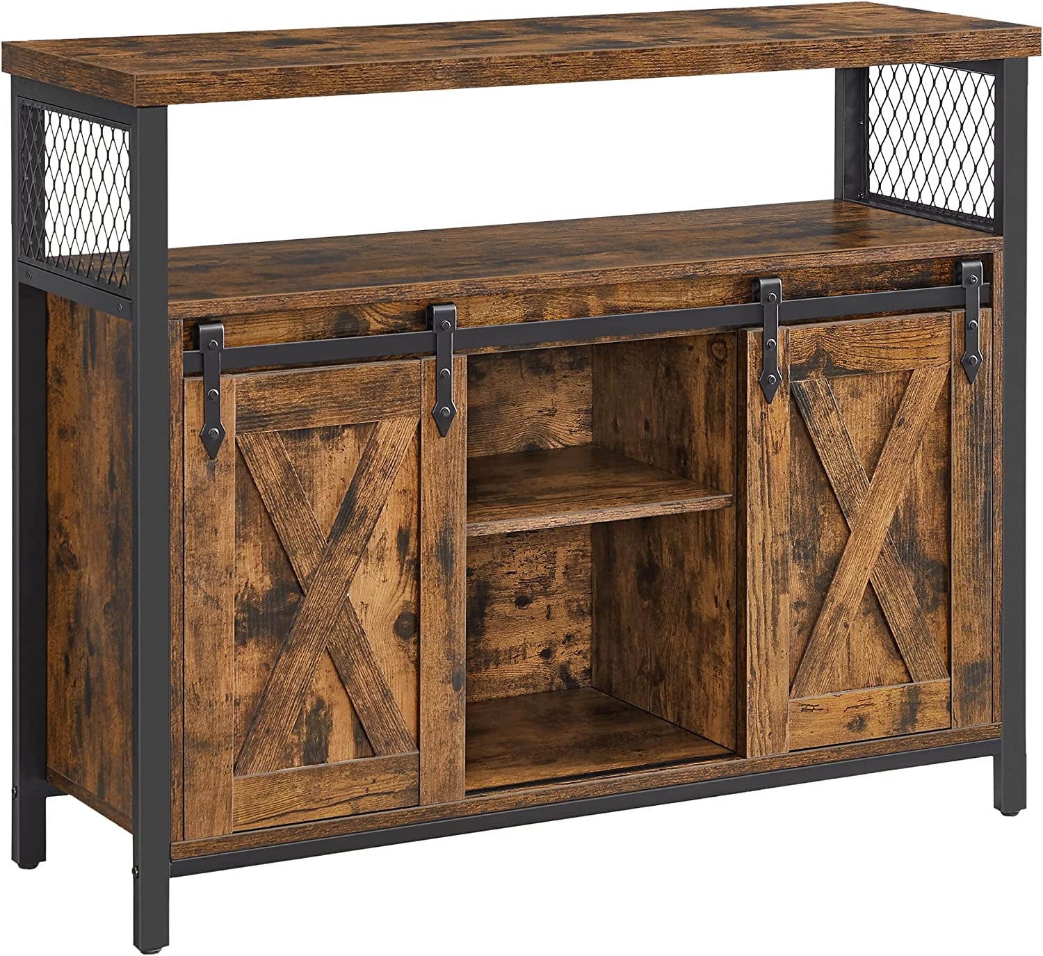 Buffet Cabinet, Storage Cabinet, Sideboard with 2 Sliding Barn Doors, Adjustable Shelves, 13 X 39.4 X 31.5 Inches, for Living Room, Rustic Brown and Ink Black ULSC092B01