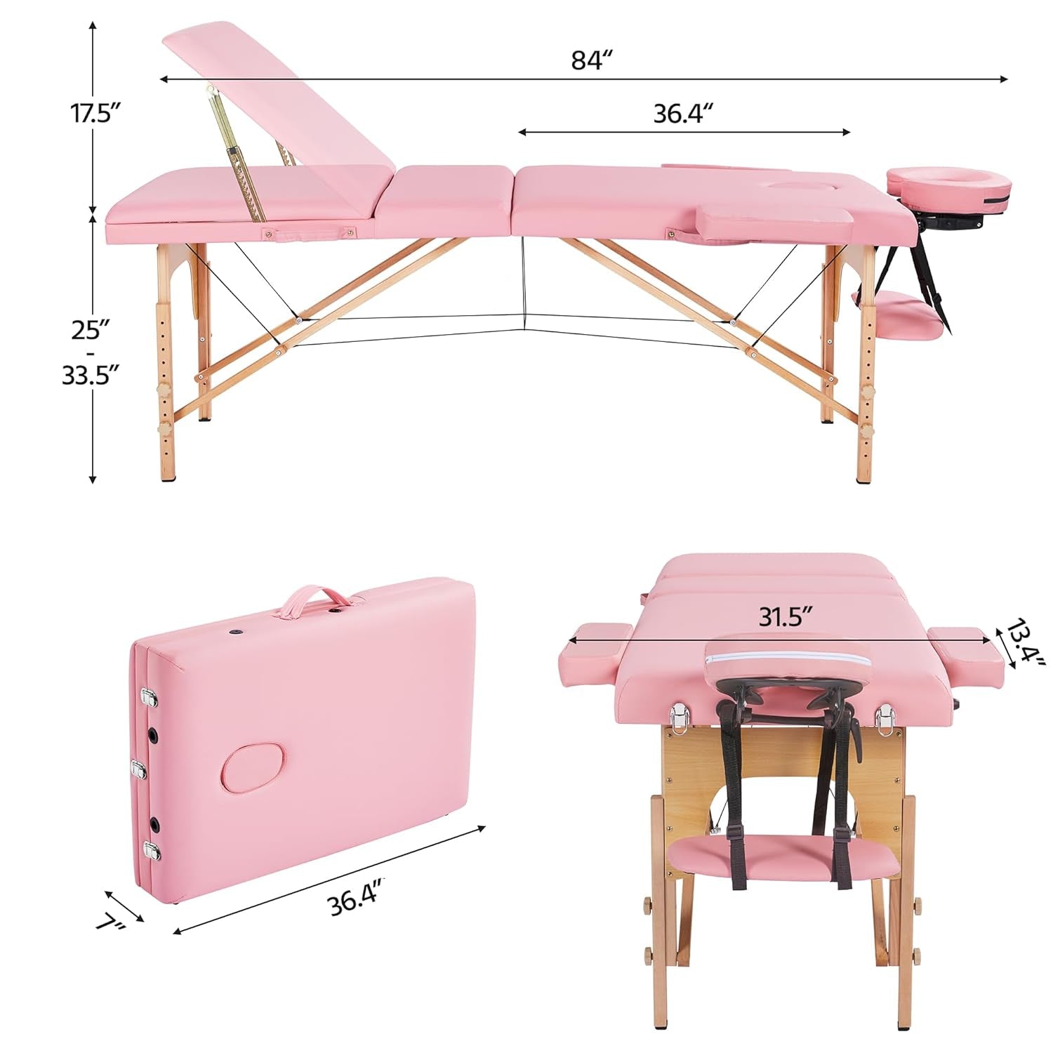 Massage Table Portable Adjustable Massage Bed Foldable Massage Therapy Table 3 Folding 84 Inch Salon Bed Facial Bed with Non-Woven Bag, Pink