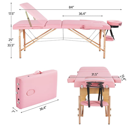 Massage Table Portable Adjustable Massage Bed Foldable Massage Therapy Table 3 Folding 84 Inch Salon Bed Facial Bed with Non-Woven Bag, Pink