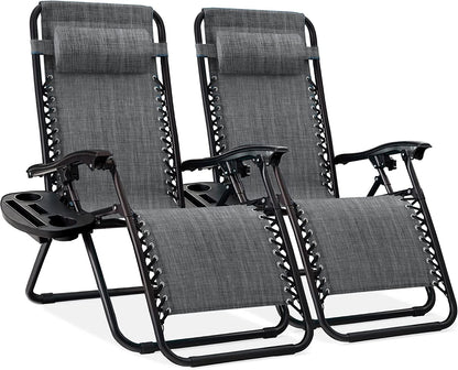 Set of 2 Adjustable Steel Mesh Zero Gravity Lounge Chair Recliners W/Pillows and Cup Holder Trays - Black