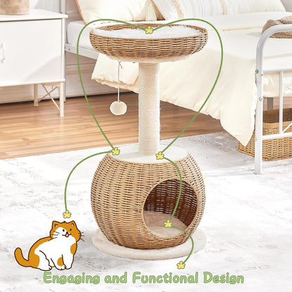 Cat Tree, 29.5In Rattan Cat Tower for Indoor Cats W/Scratching Post, Woven Cat Condo and Soft Cushion Top Perch, Aesthetic Cat Tree for Kittens