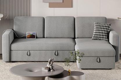 Sectional Sofa L-Shaped Sofa Couch Bed W/Chaise &amp; USB, Reversible Couch Sleeper W/Pull Out Bed &amp; Storage Space, 4-Seat Fabric Convertible Sofa, Pull Out Couch Light Gray