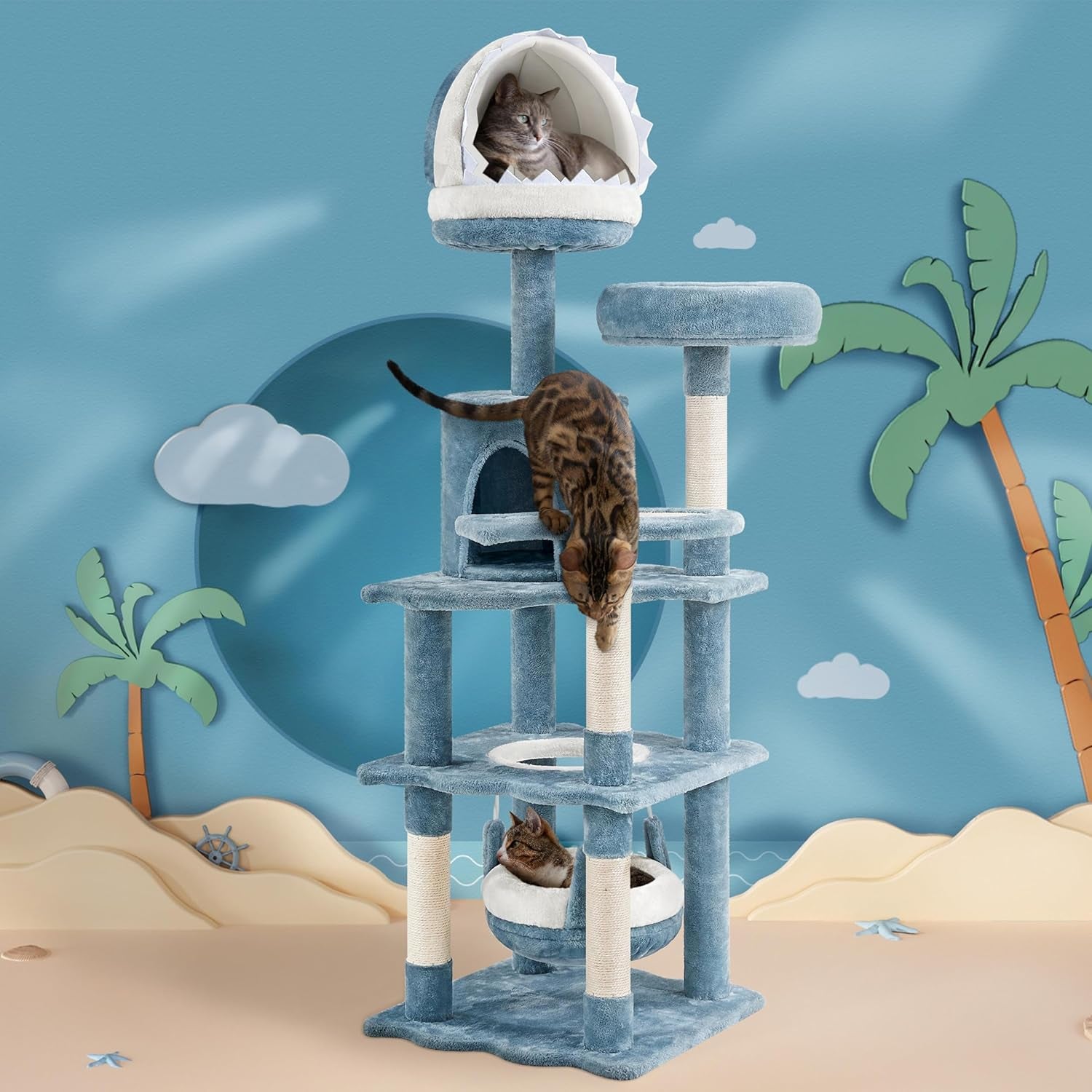 61In Tall Ocean-Themed Cat Tree, Multi-Level Cat Tower with Shark&