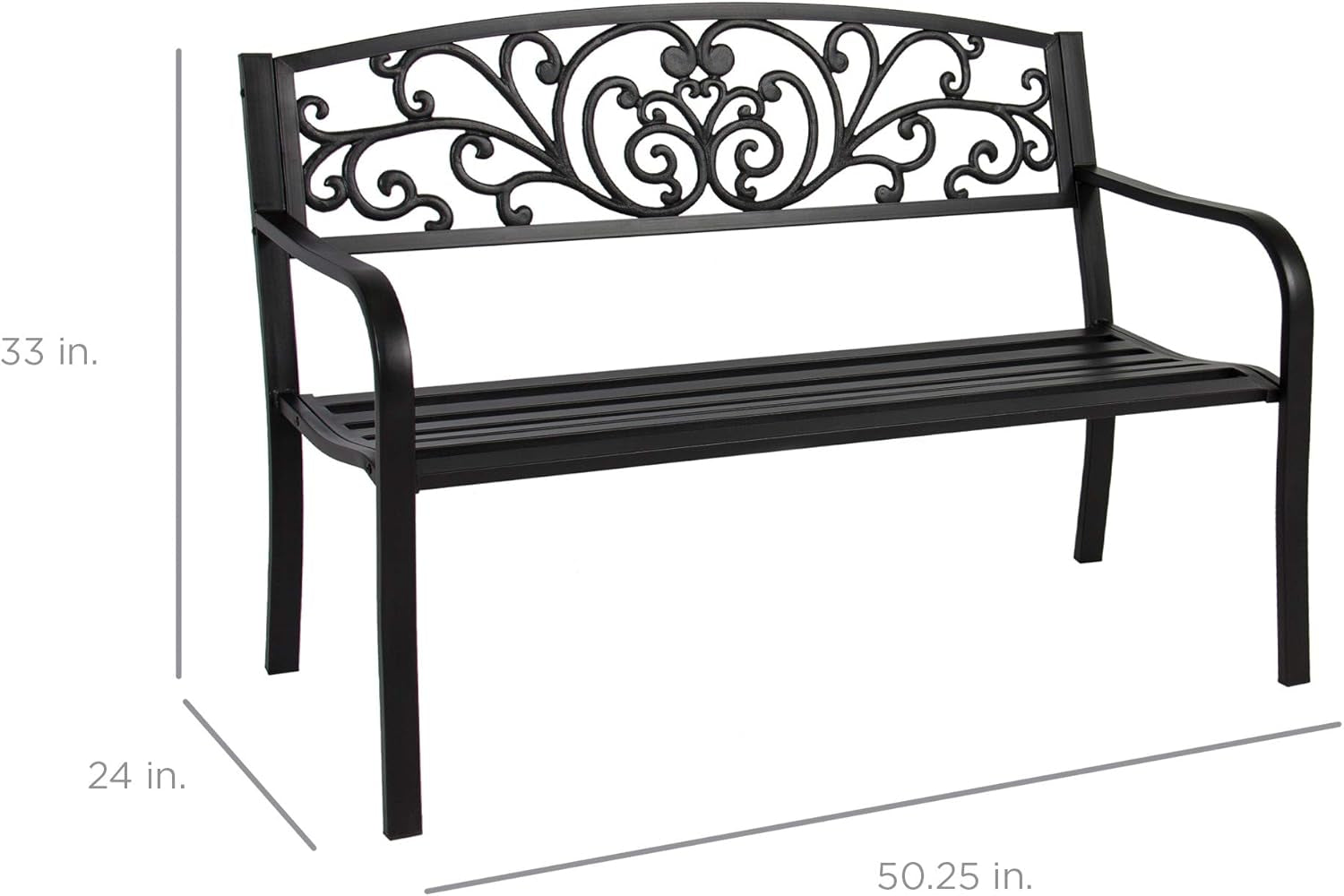 Outdoor Bench Steel Garden Patio Porch Furniture for Lawn, Park, Deck W/Floral Design Backrest, Slatted Seat - Black